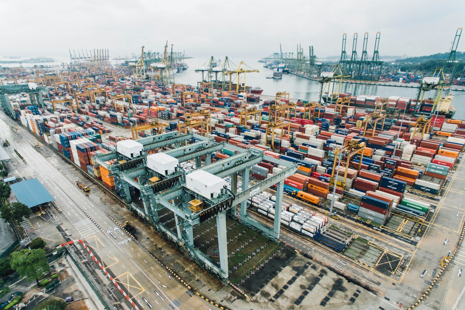 Aerial view of a container yard supporting manufacturing supply chains