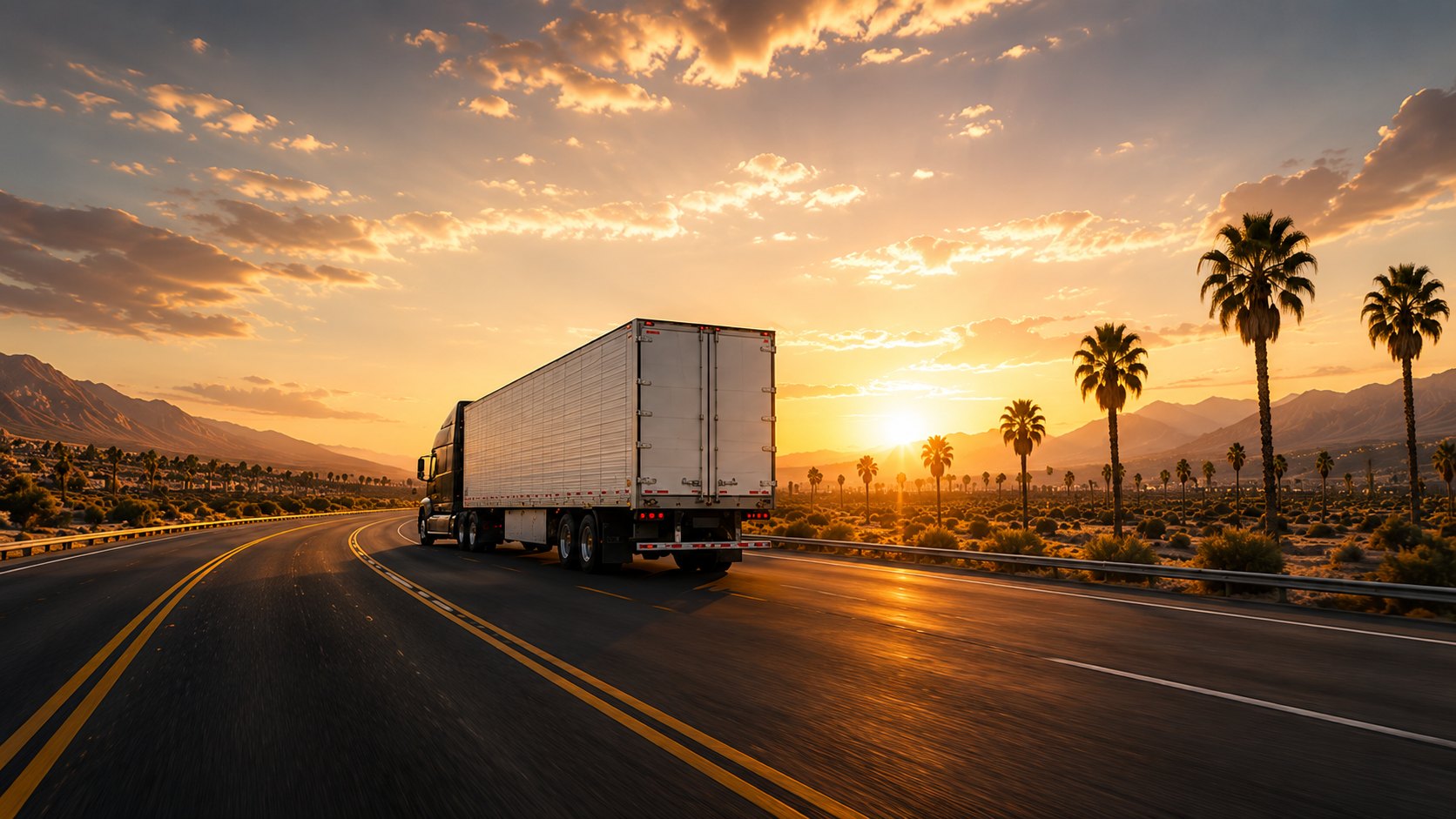 HYVE trailer heading into a desert sunset on a palm-lined highway